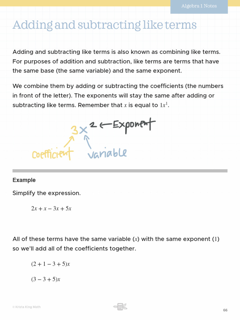 Adding and subtracting like terms pdf