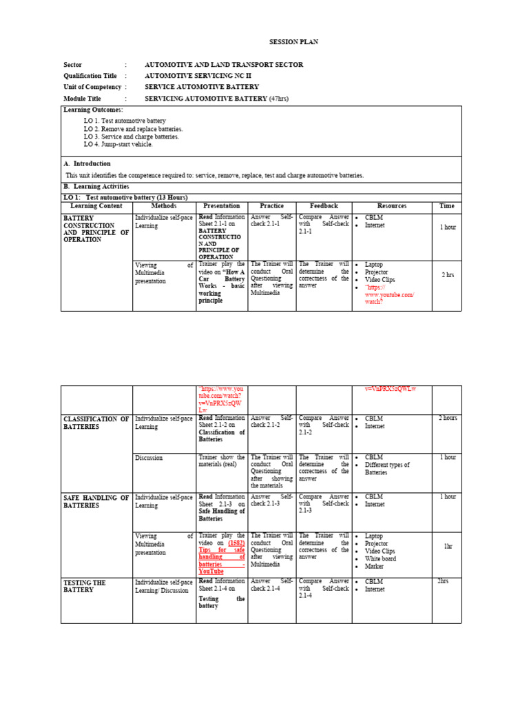 Automotive Battery Servicing Plan | PDF