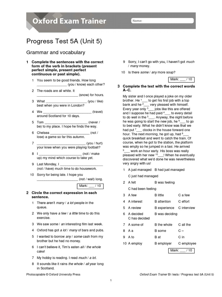 OET B1 Progress Test Unit 5 A + B | PDF