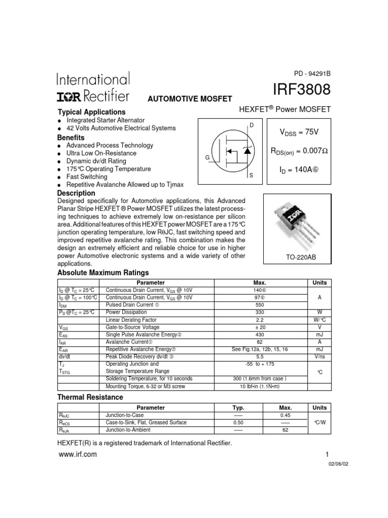 Irf 3808 | PDF | Field Effect Transistor | Mosfet