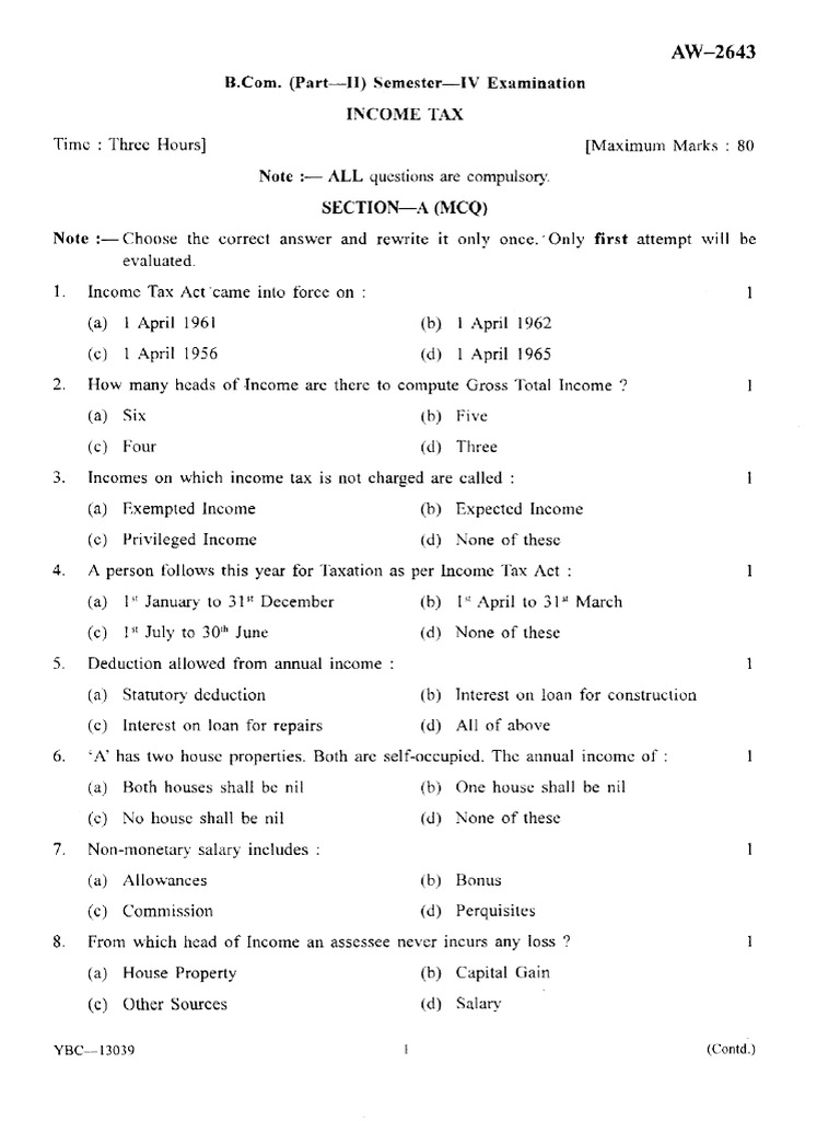 Bcom 4 Sem Income Tax S 2019 Pdf