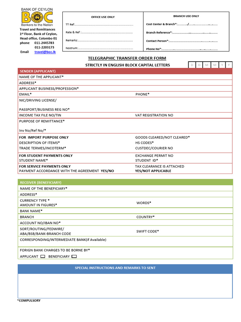 Boc Telegraphic Transfer Order Form Form Si | PDF | Banks | Credit Card