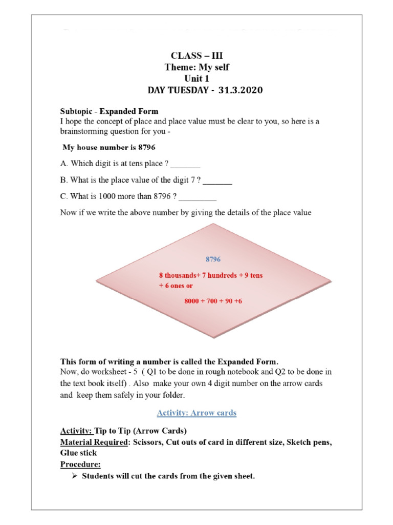 Class-3 Maths Chapter-1 Worksheet-2 | PDF
