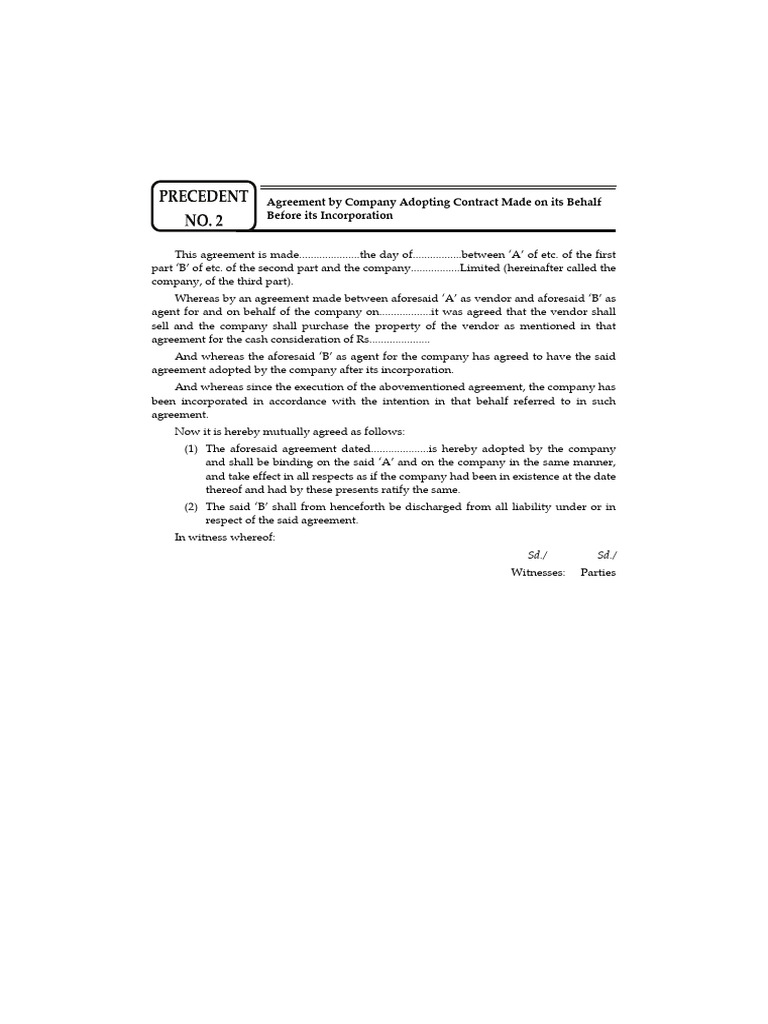 Precedent No 2 Agreement by Company Adopting Contract Made On Its