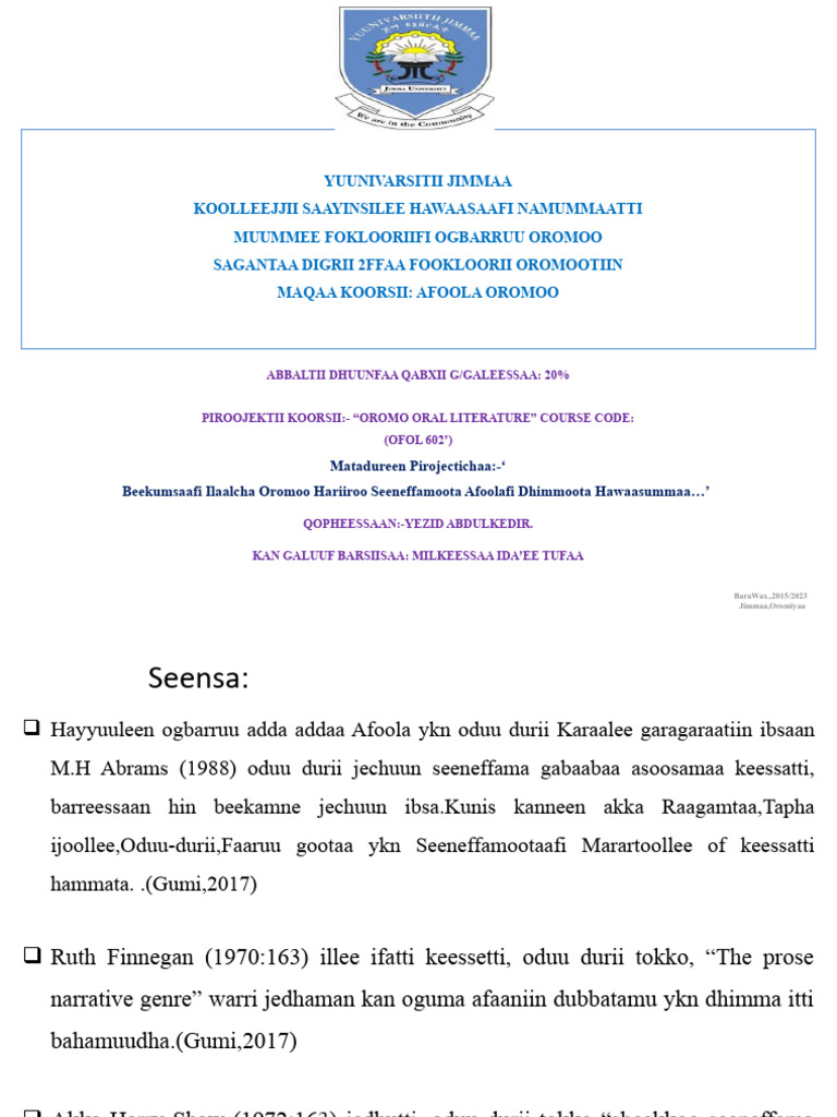 Abbaltii Dhuunfaa 2ffaa Koorsoo Afoola Oromoo | PDF