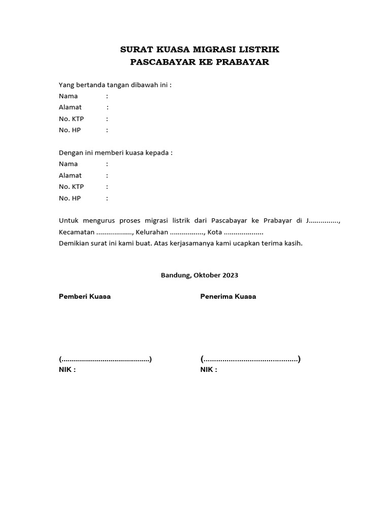 Contoh Surat Kuasa Migrasi Listrik (2023) | PDF