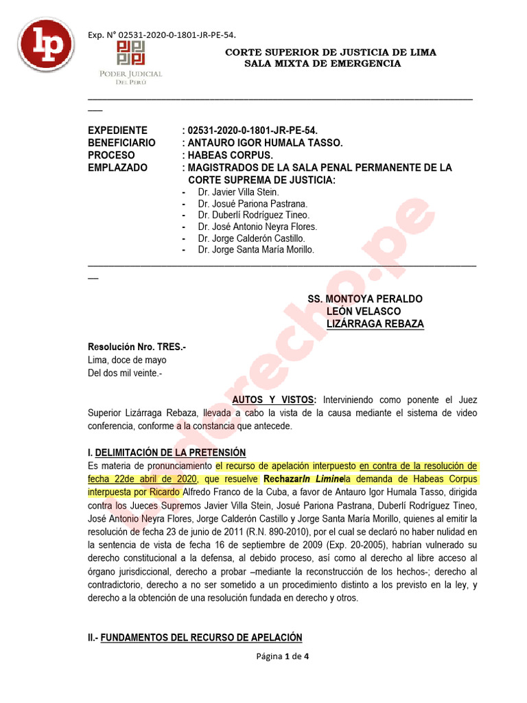 Tc rechaz h beas corpus presentado por antauro humala por haber emit