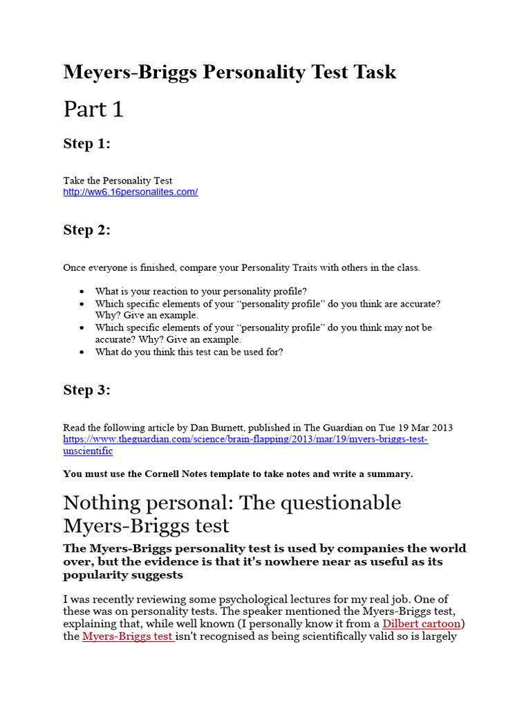 MeyerS Briggs Personality Test Task PART 1 | PDF | Psychology ...