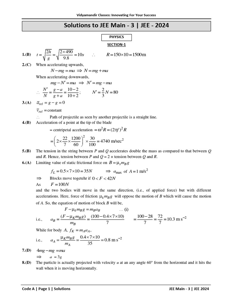 JEE Main 2024 Solutions Guide | PDF | Atomic Physics | Applied And ...