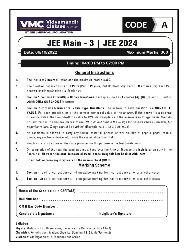 JEE Main 2024 Exam Instructions & Syllabus | PDF | Chemical Bond | Force