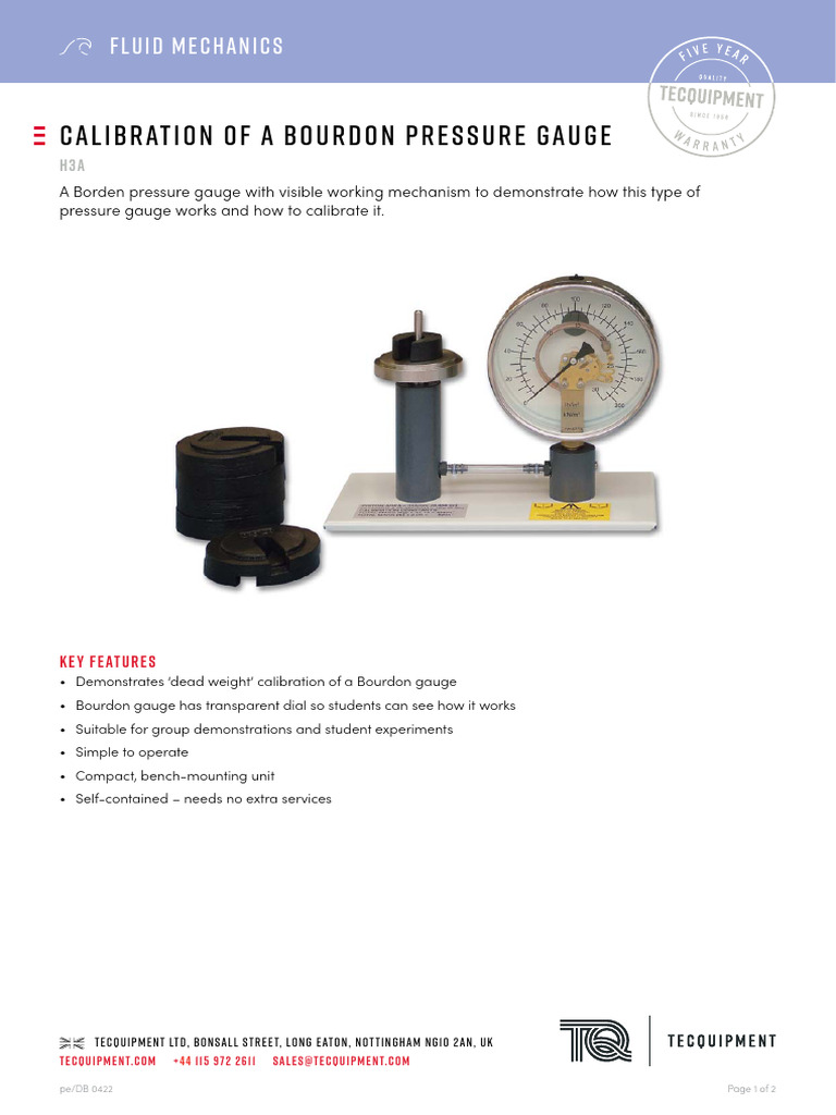 H3a Calibration Pressure Gauge Datasheet PDF Pressure Measurement