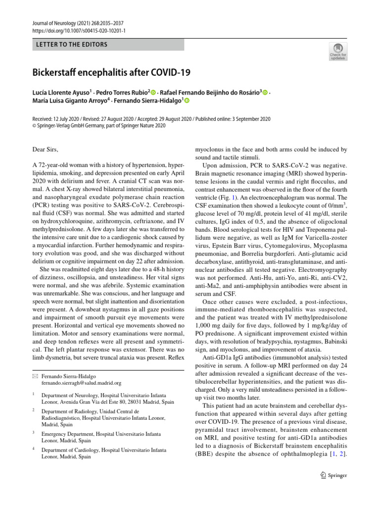 Bickerstaff Encephalitis After COVID 19 PDF Cerebrospinal Fluid