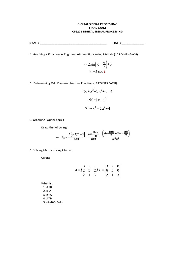 CPE 221 Digital Signal Processing Final Exam PDF