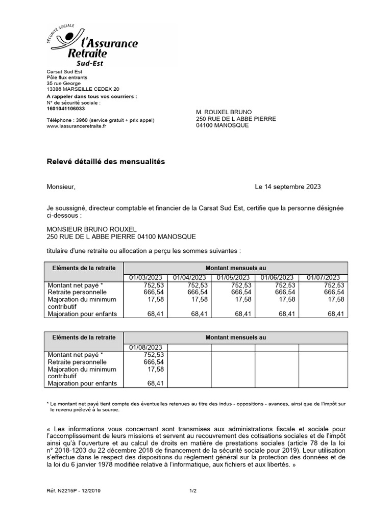 Relevé Mensuel de Retraite de Bruno Rouxel | PDF