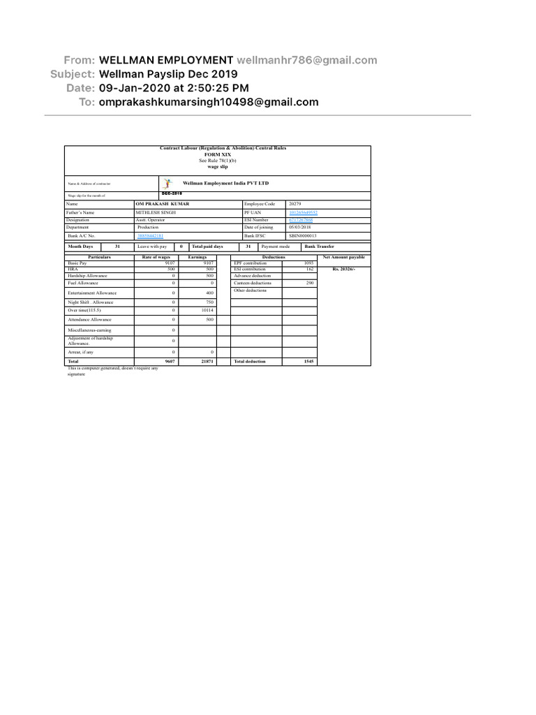 Wellman Payslip Dec 2019 PDF Employment Wage