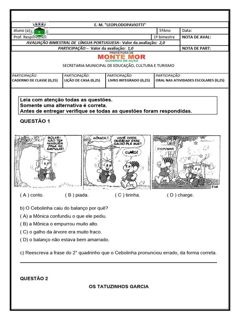 Avaliação de Lingua Portuguesa 1º Bimestre Bimestral | PDF