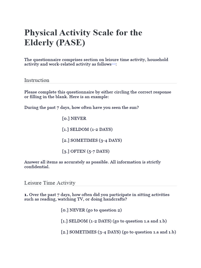PASE Questionnaire for Elderly Activity | PDF