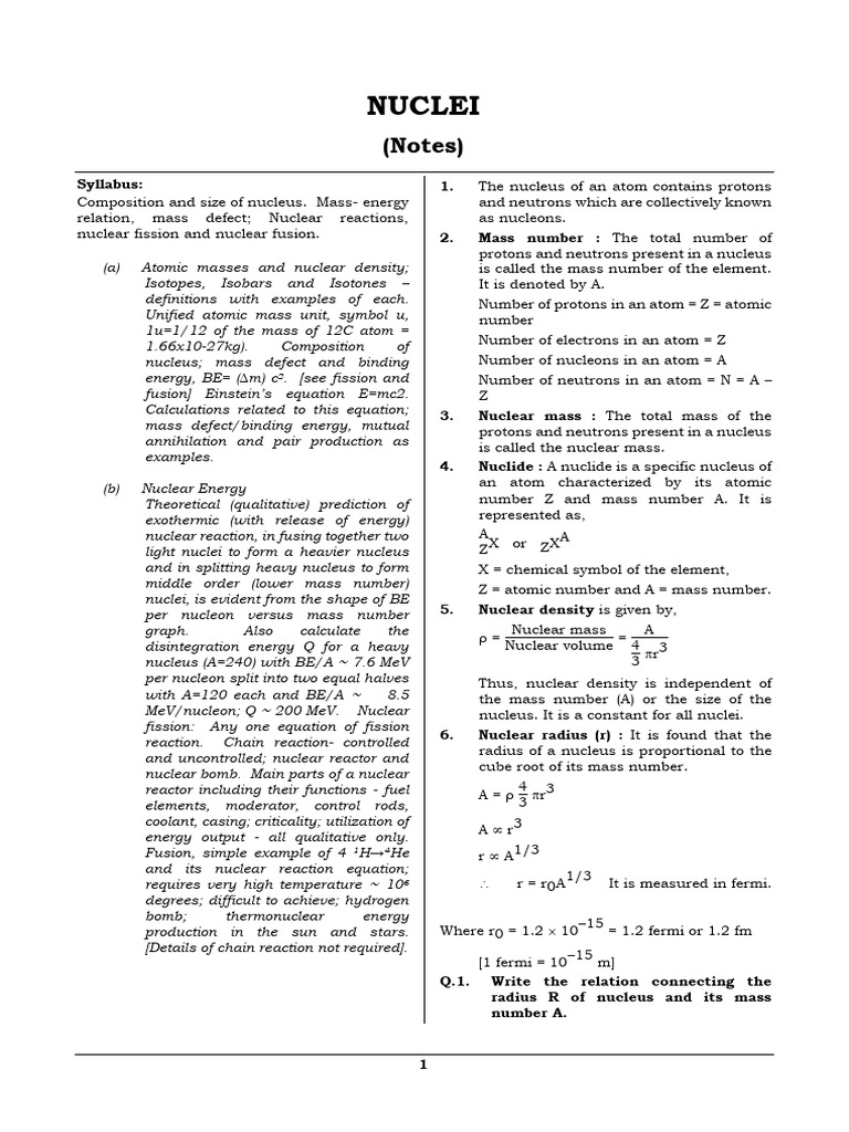 Nuclei 2023 (Notes) | Download Free PDF | Atomic Nucleus | Isotope