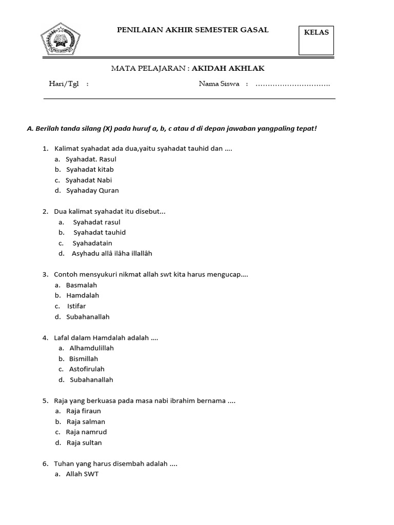 Contoh Soal PAS Akidah Akhlak Kelas 3 Semester 1 Beserta Jawaban