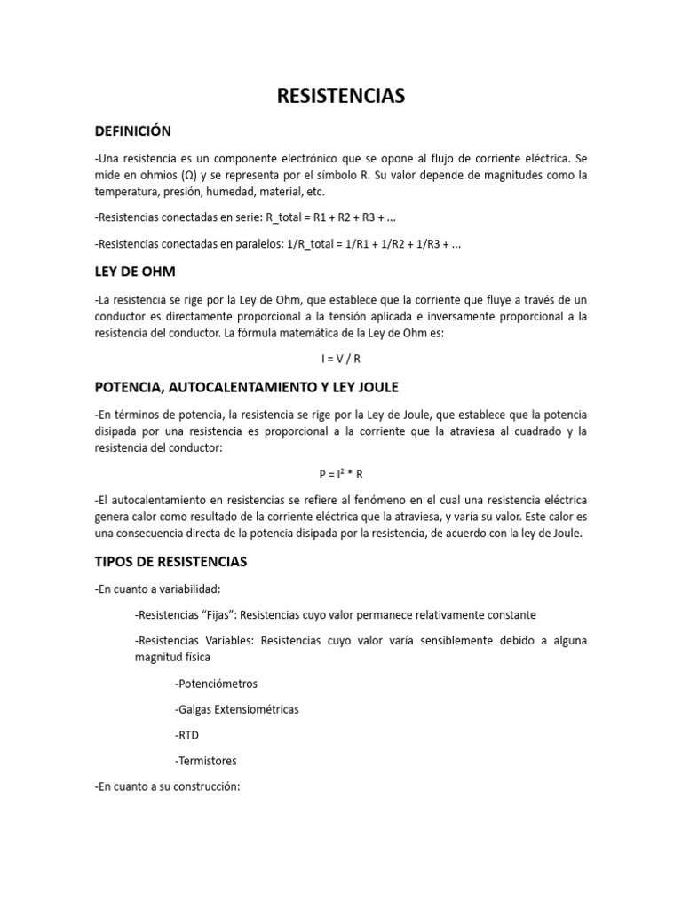 Tipos y Usos de Resistencias Eléctricas | PDF | Resistencia Eléctrica y ...
