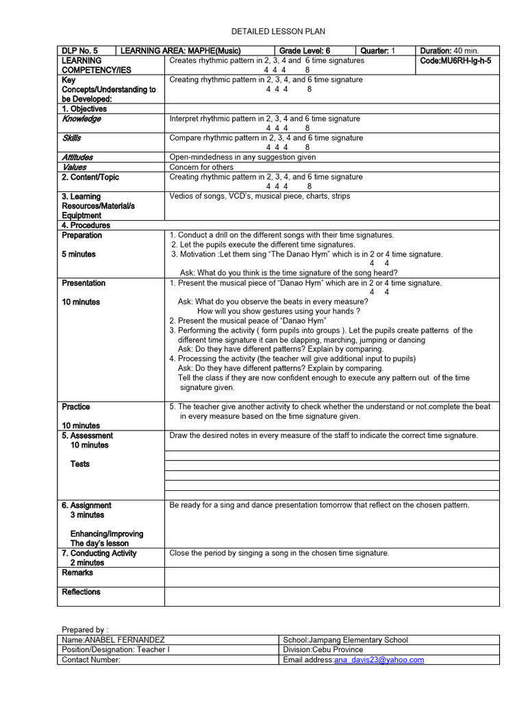Lesson Plan: Rhythmic Patterns in Music | PDF | Teachers | Learning