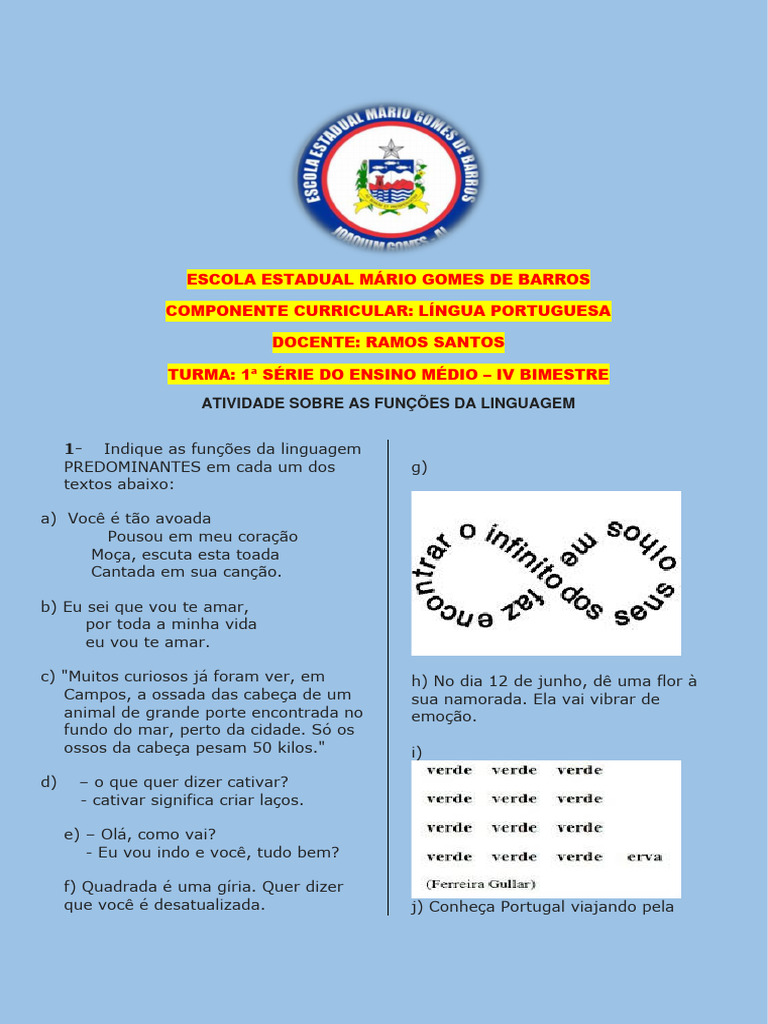 Atividade sobre Funções da Linguagem | PDF