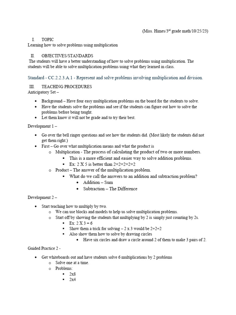 Lesson Plan On Multiplication | PDF