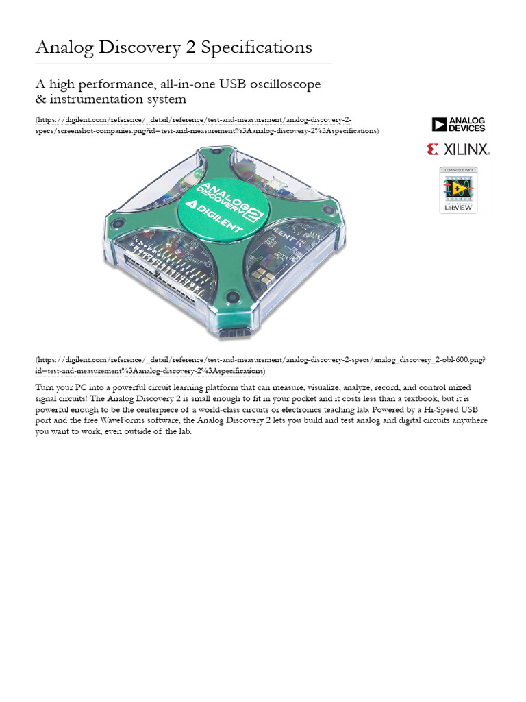 Analog Discovery 2 Specifications - Digilent Reference | PDF