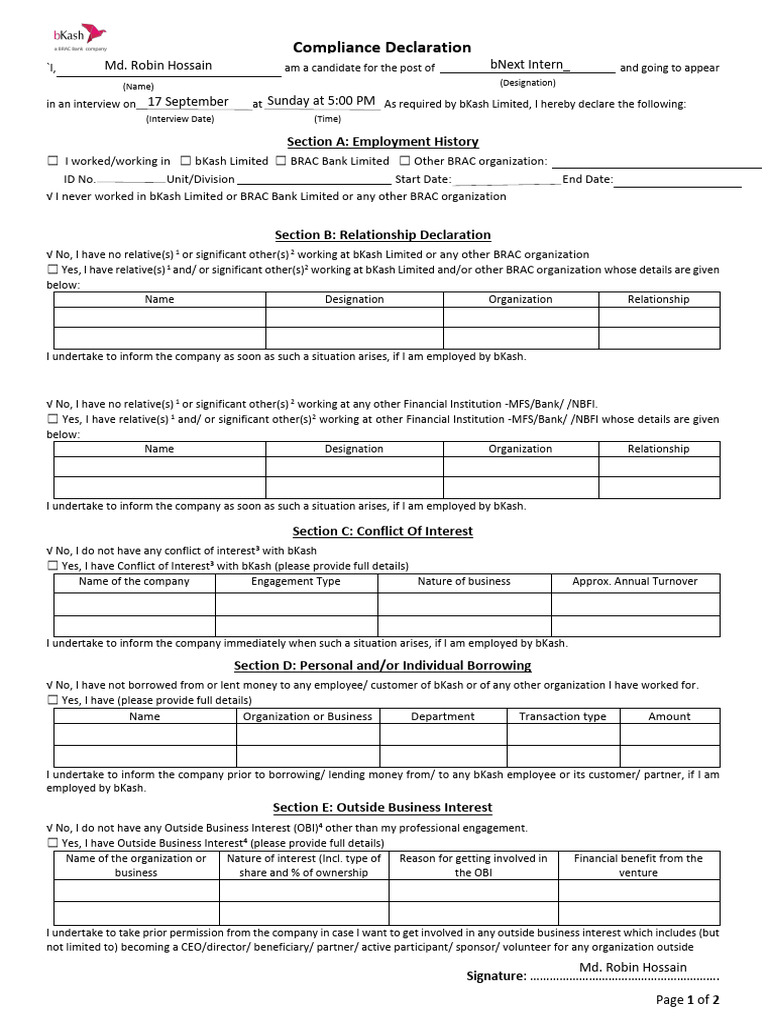 bKash Compliance Declaration Form | PDF | Stepfamily | Business