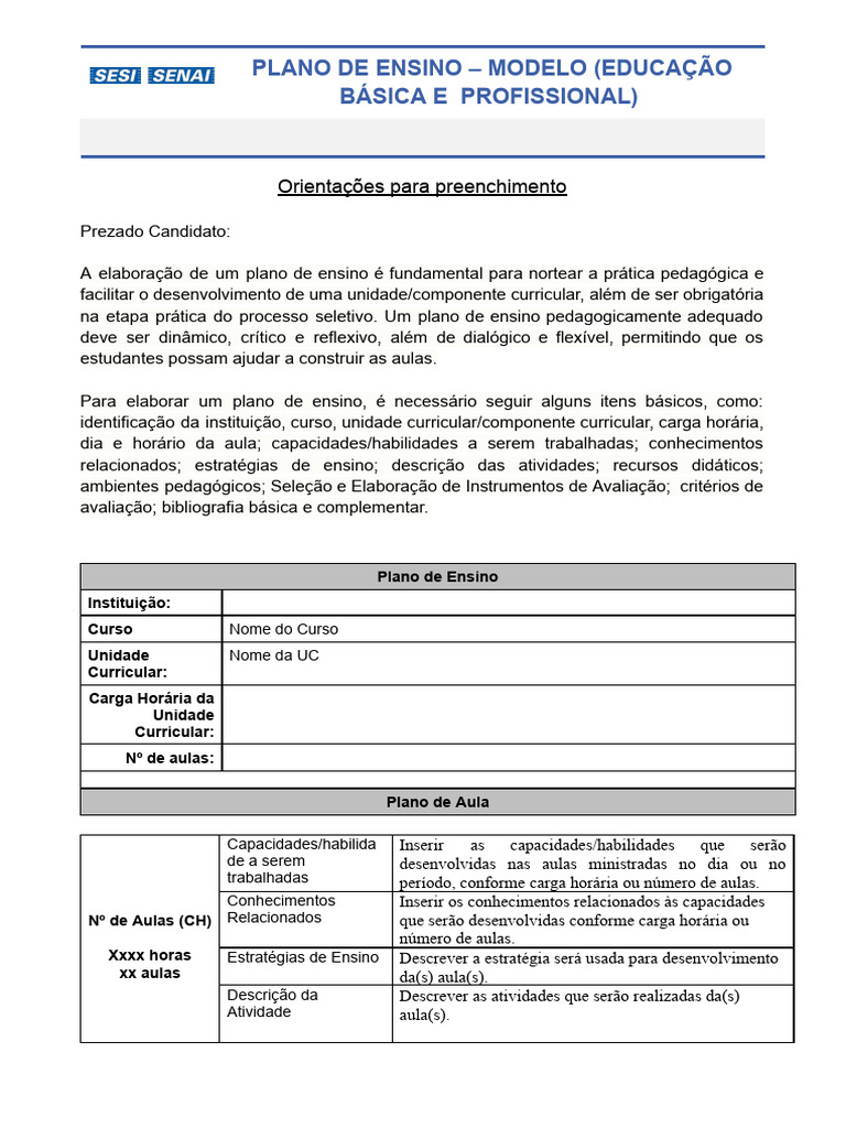 Modelo de Plano de Ensino Pedagógico | PDF | Pedagogia | Aprendizado