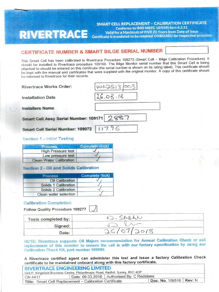 OWS Smart Cell Certificate of Calibration PDF