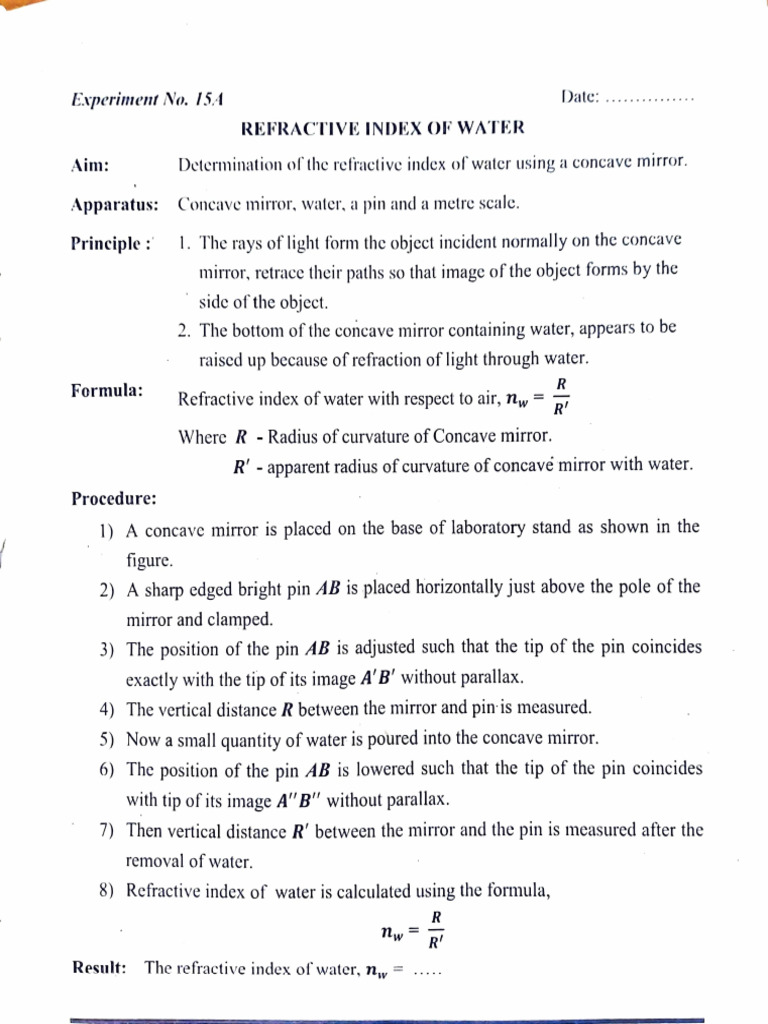 Refractive Index of Water Experiment | PDF