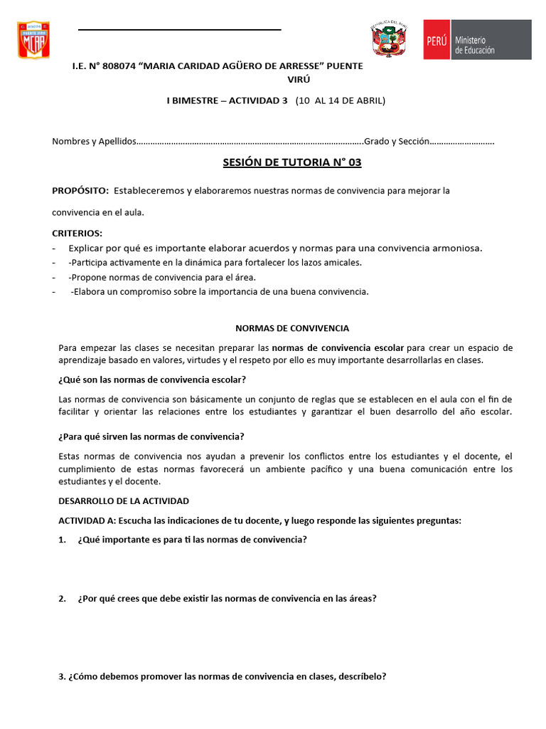 Normas de Convivencia Escolar en Aula | PDF | Crecimiento personal y ...