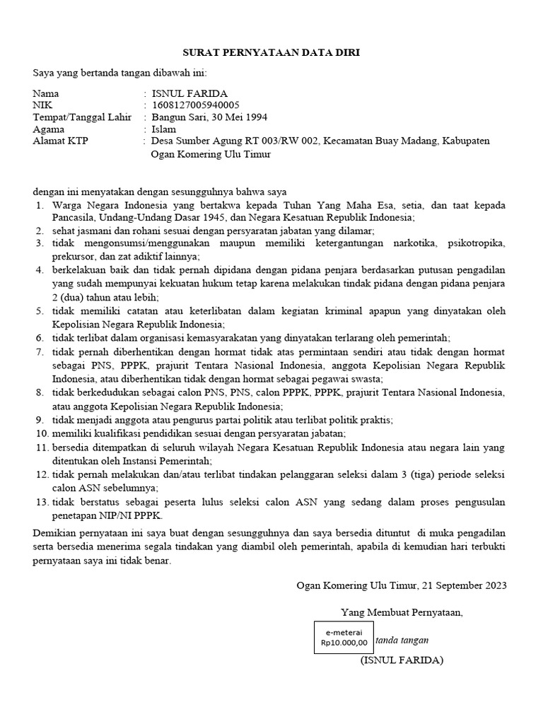 Surat pernyataan data diri pdf