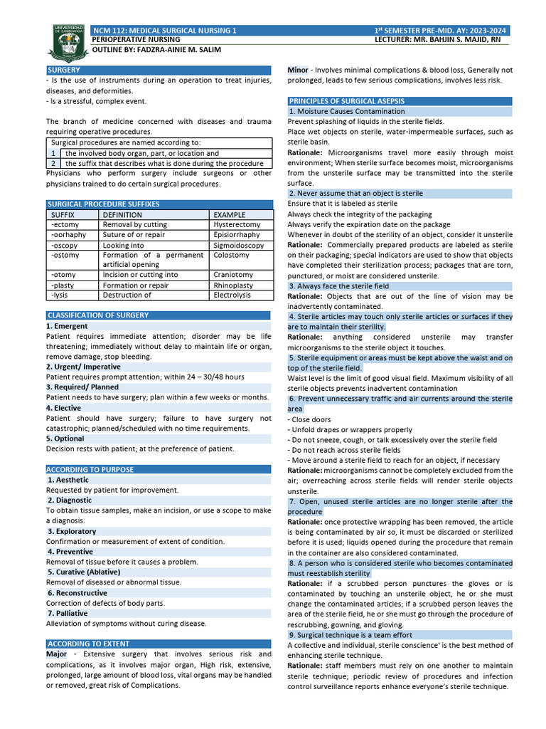 Perioperative Nursing Overview for NCM 112 | PDF | Surgery | Anesthesia