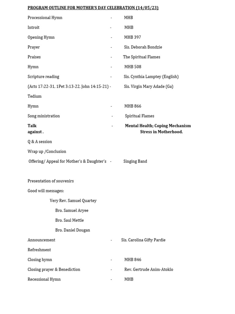 Mother's Day Celebration Program Outline | PDF