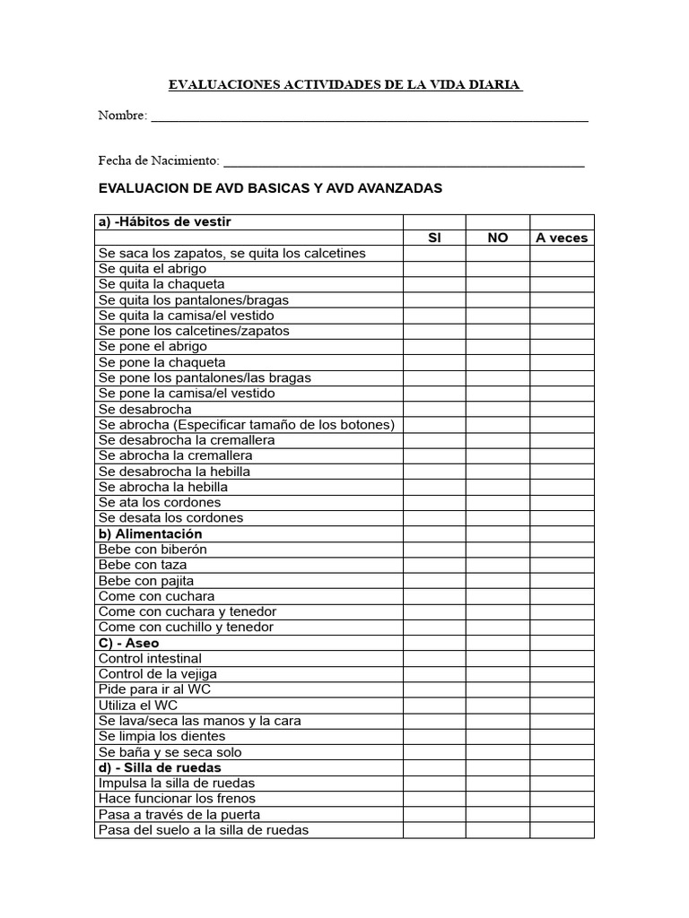 Evaluaciones Actividades de La Vida Diaria | PDF