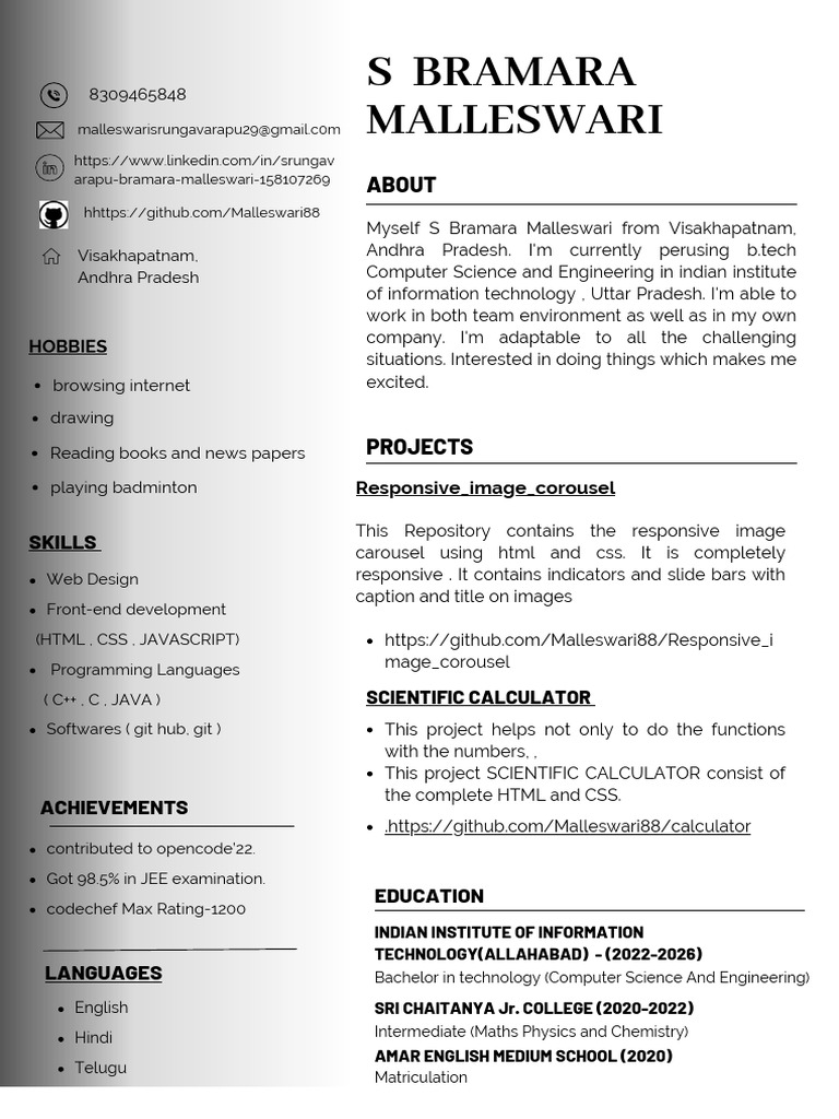 Web Developer Portfolio of S Bramara Malleswari | PDF | Java Script ...