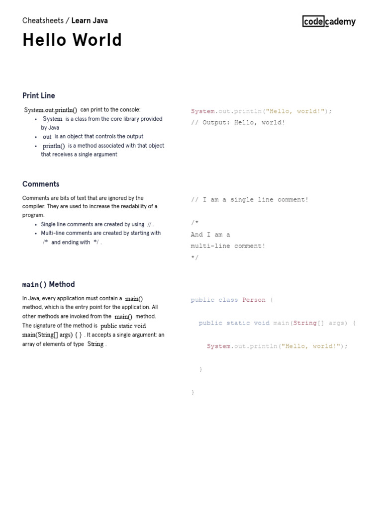 1 - Learn Java - Hello World Cheatsheet - Codecademy | PDF | Java ...