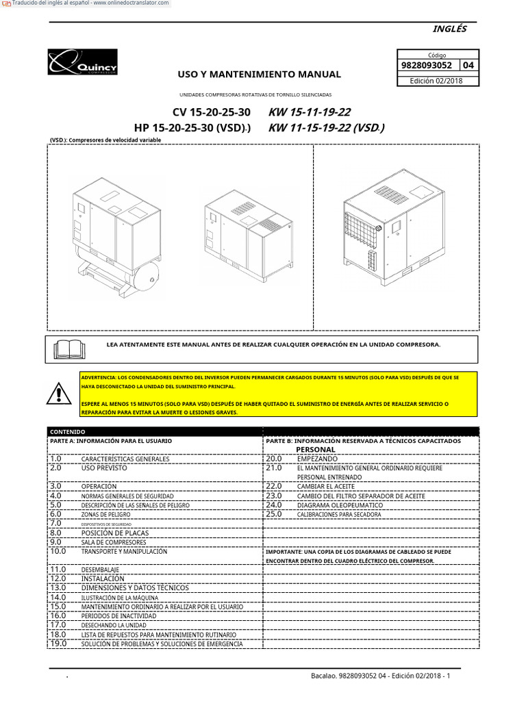Quincy QGD QGDV 15-30 Instruction Book - En.es | PDF | Refrigeración ...