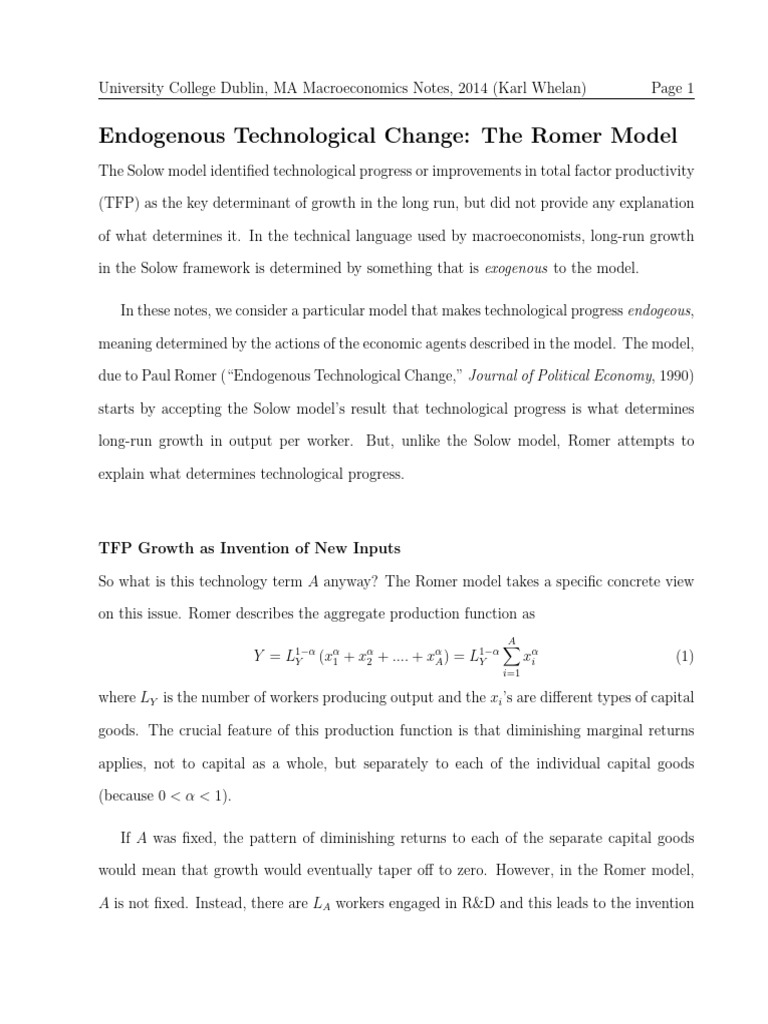 Romer Model of Endogenous Growth | PDF | Economic Growth | Economics