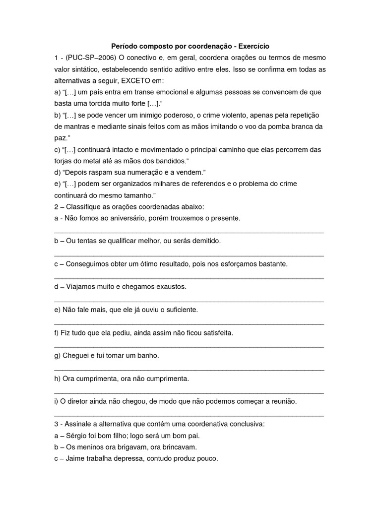 Exercícios sobre Período Composto por Coordenação | PDF