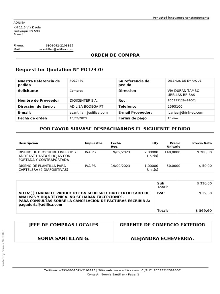 Orden de Compra PO17470 - Adilisa | PDF