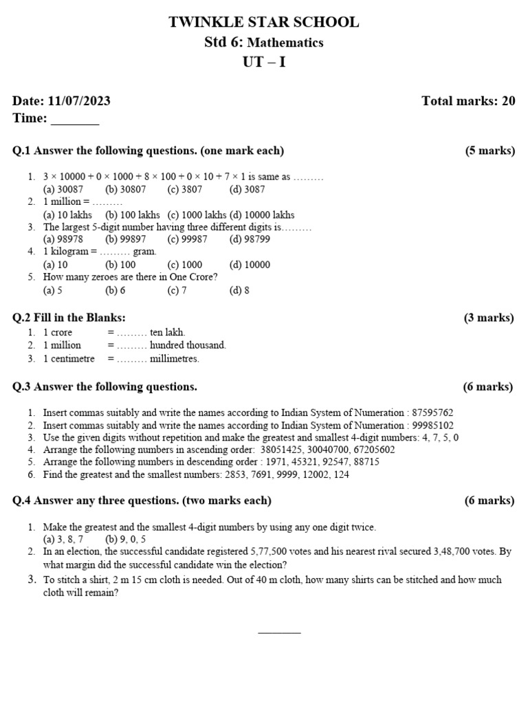Std 6 maths ut paper 2023 pdf notation mathematics