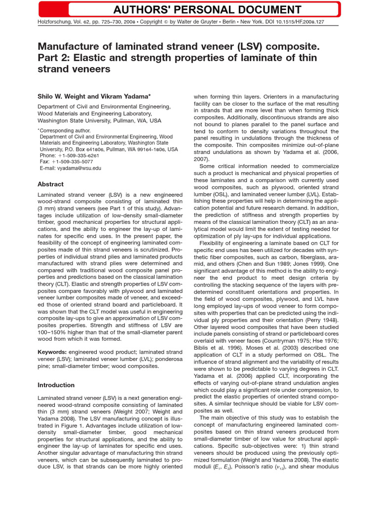 Manufacture of Laminated Strand Veneer Composite Part2 Elastic and