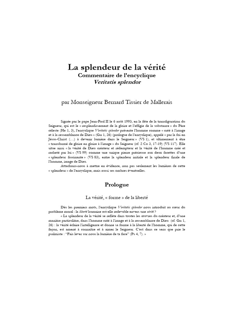 La Splendeur de La Vérité. Commentaire Sur L'encyclique Veritatis ...