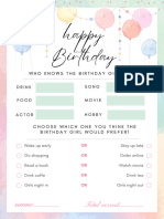 Pink Fun Birthday Game Would She Rather Printable A4 Document