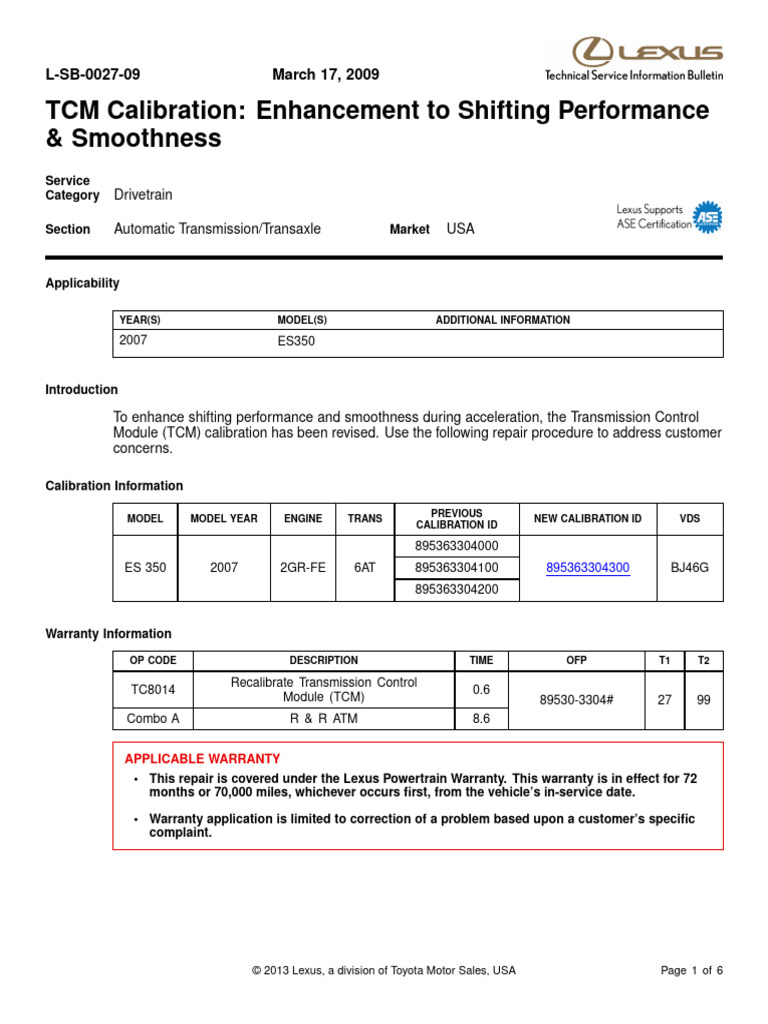 TCM Calibration Enhancement To Shifting Performance Lexus ES350 2007 PDF