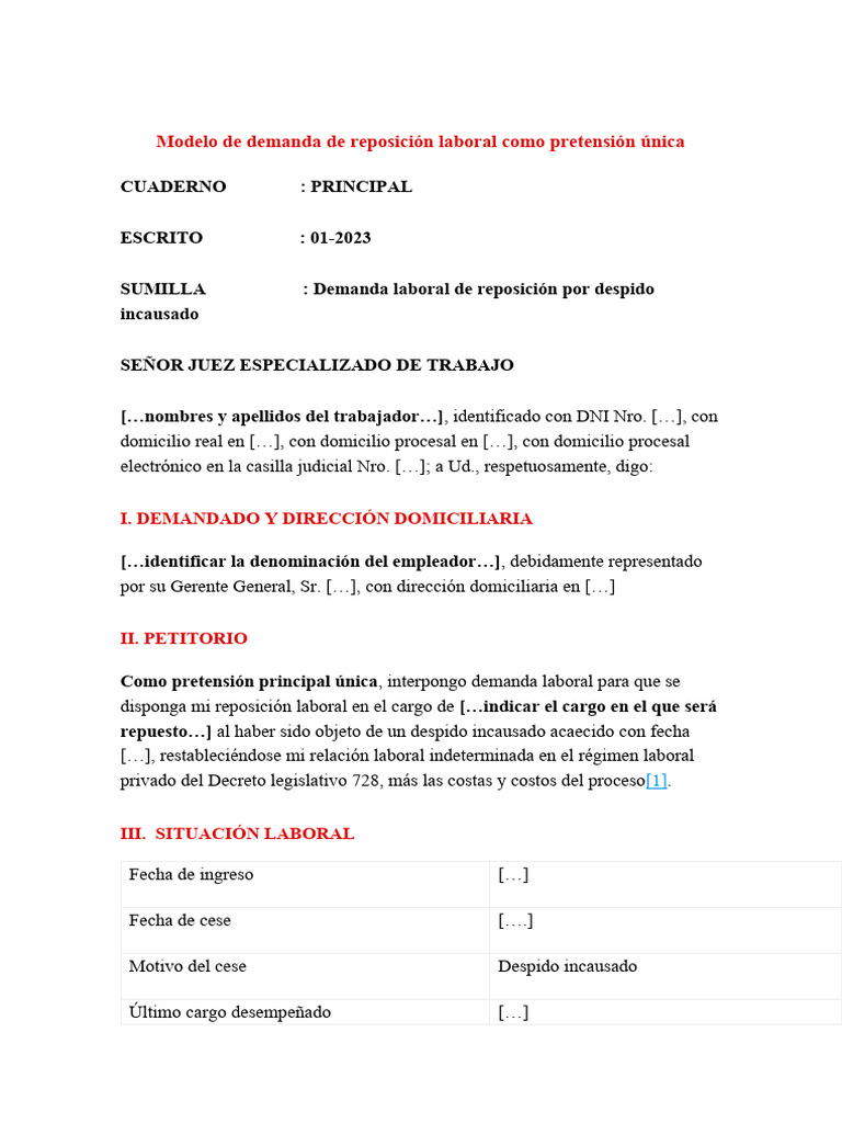Modelo de Demanda de Reposición Laboral Como Pretensión Única | PDF