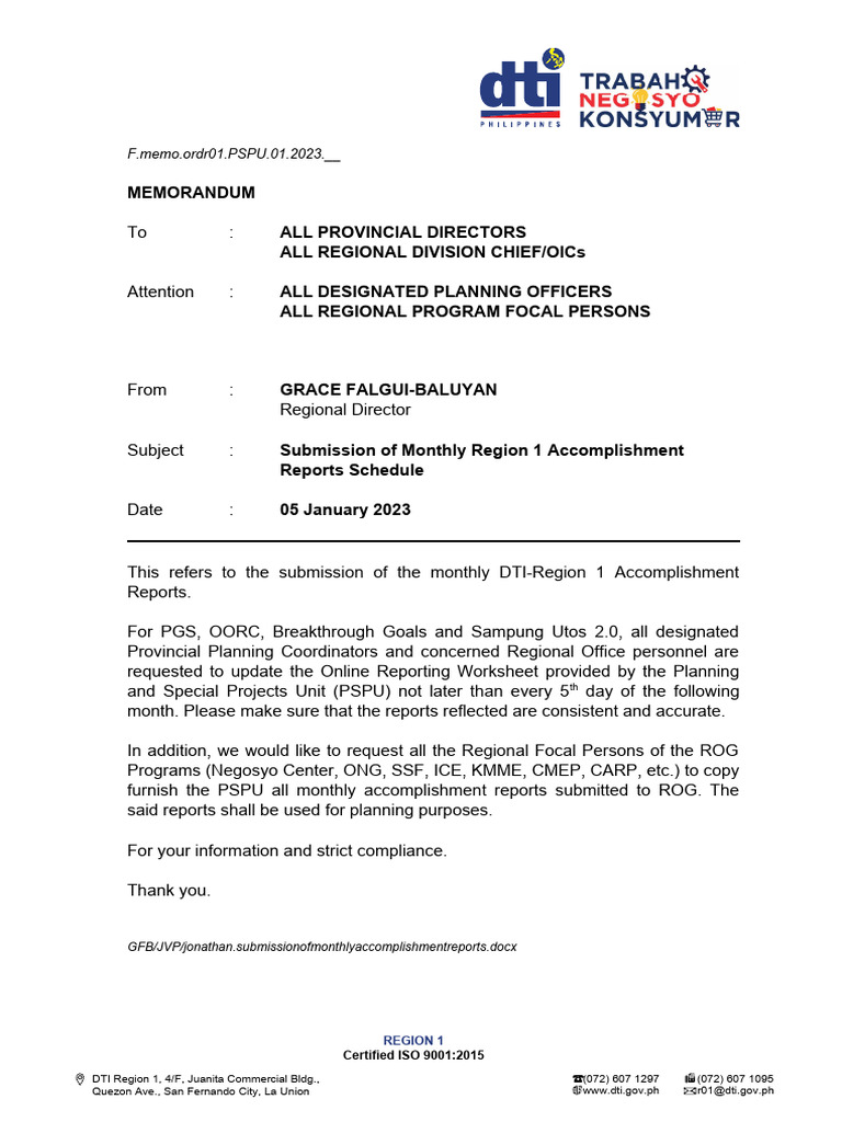 MEMO Submission of Monthly Reports Schedule PDF